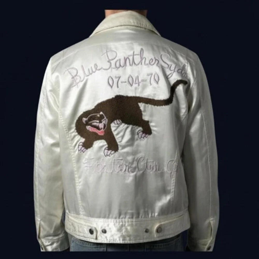 NWT Diesel Satin Bomber Jacket Panther Embroidery - Silver/White Size M Rare VTG
